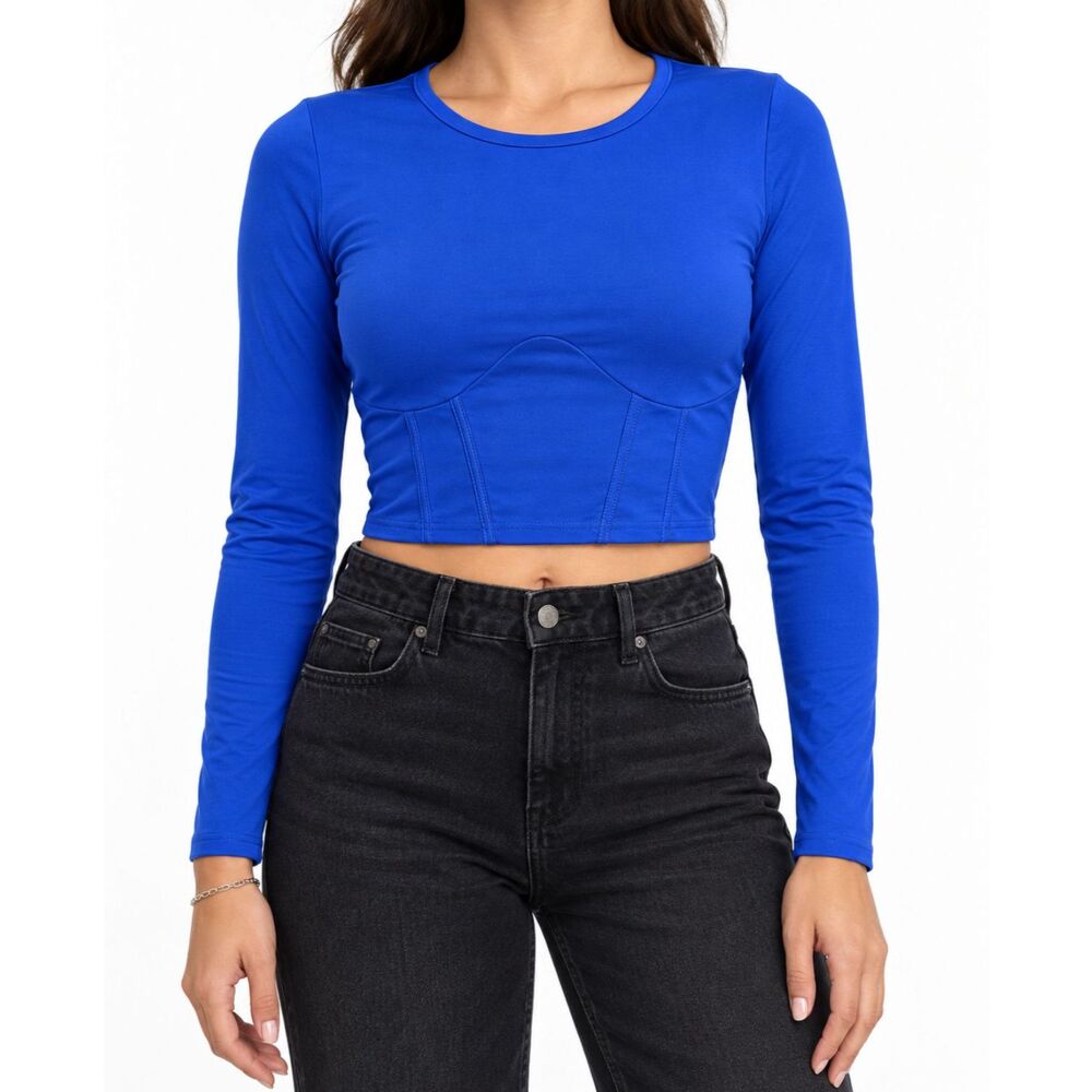 Daisy Royal Blue Long Sleeve Corset Style Crop Top | Medium